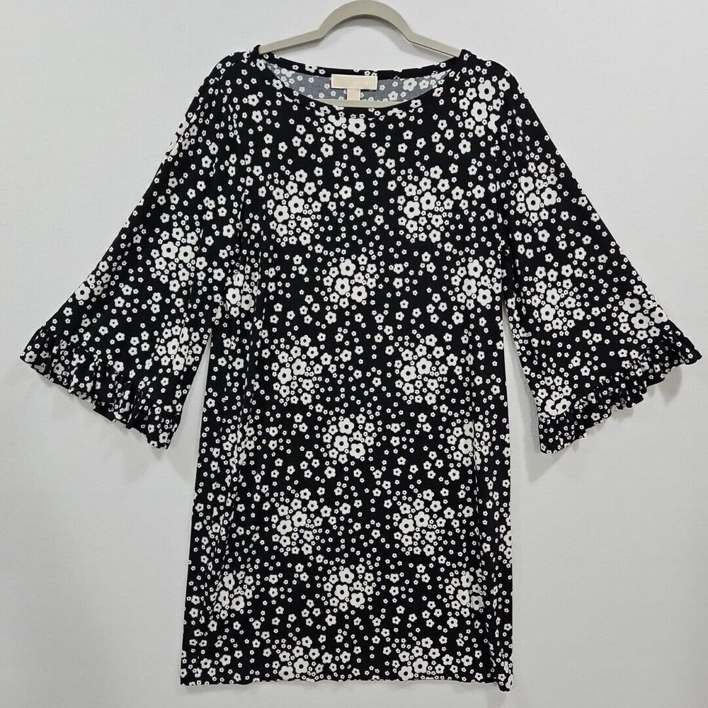 Michael Kors Black White Floral Dress Large Stretch Knee Length Flare Sleeve